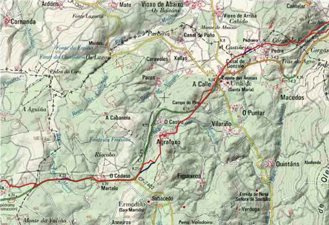 Mapa do tramo da ruta da Estrela ao seu paso por Urdilde