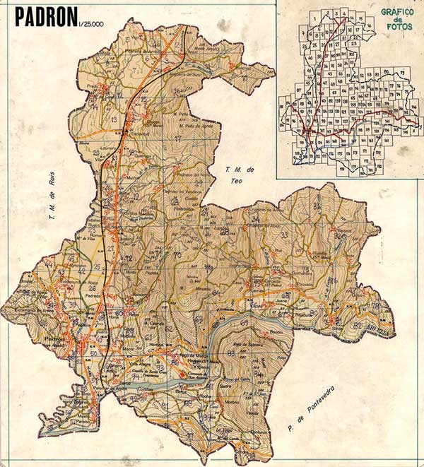 Mapa antigo de Padrón, data de creación 1952/1956